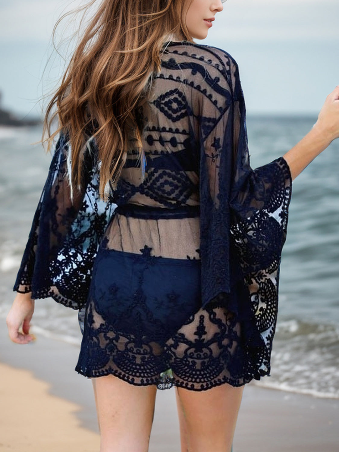 Lace V-Neck Three-Quarter Sleeve Cover Up - Charming Charlie