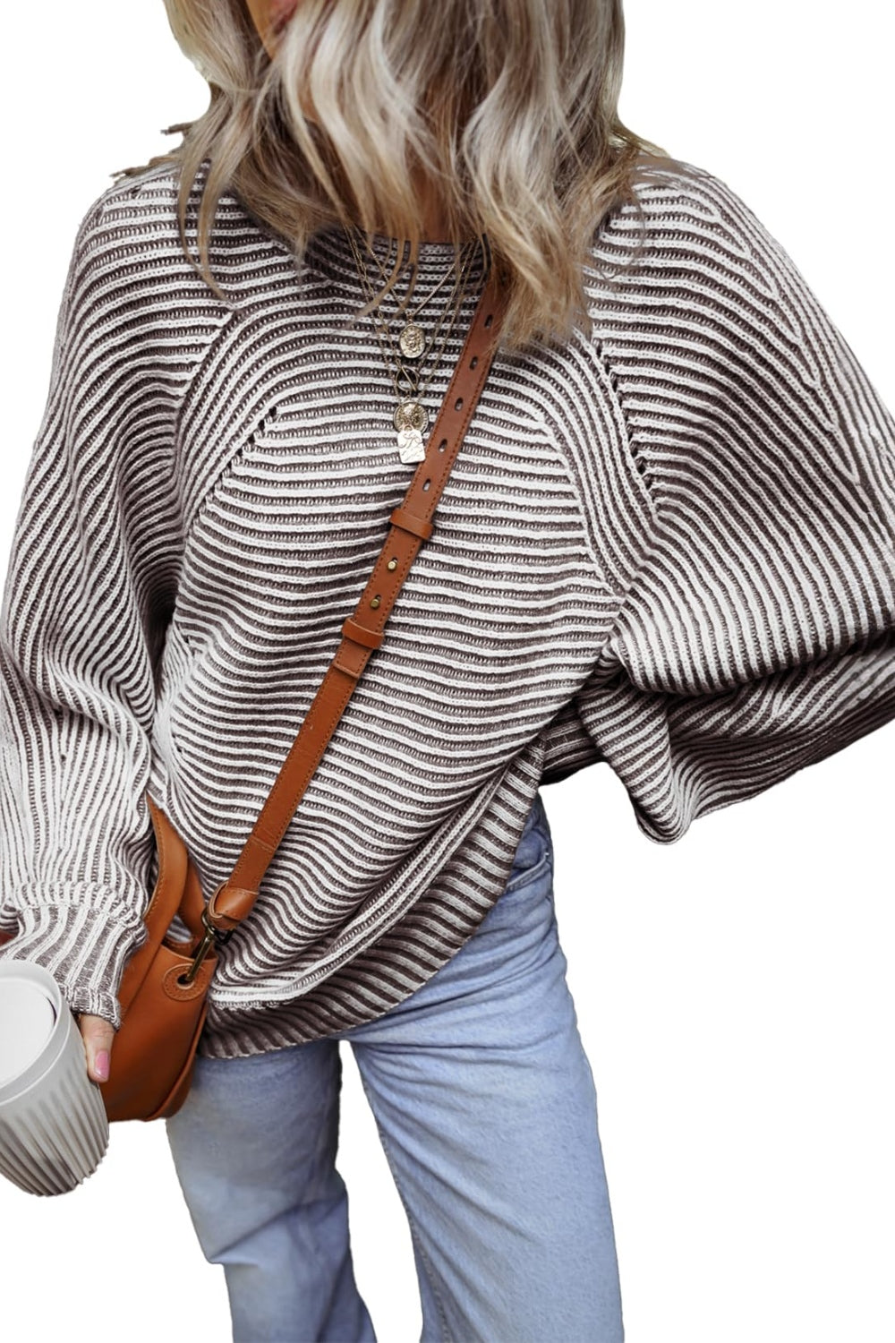 Textured Striped Round Neck Long Sleeve Top - Charming Charlie