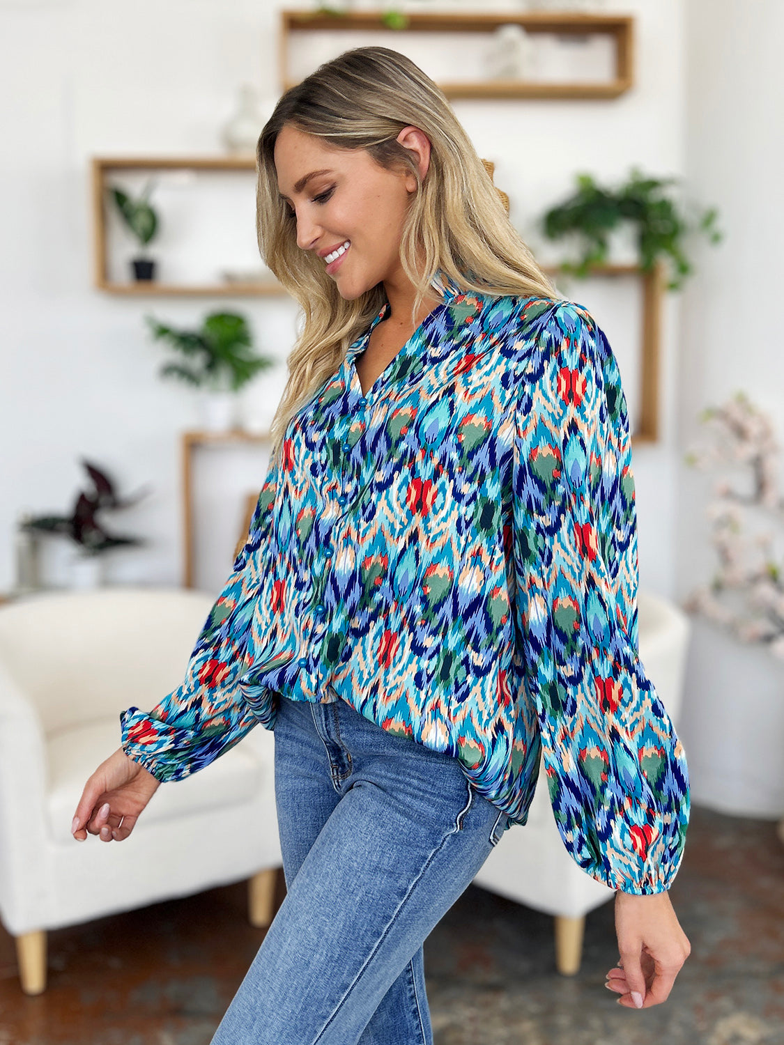Double Take Full Size Printed Balloon Sleeve Blouse - Charming Charlie