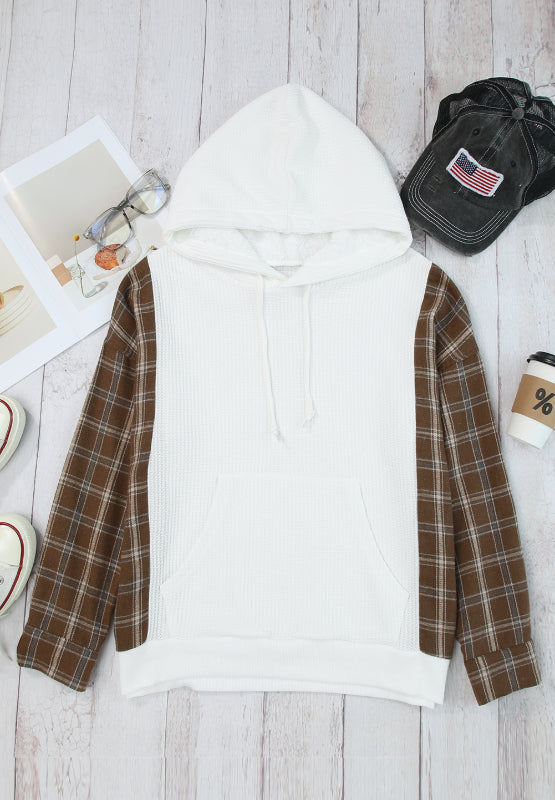 Waffle Knit Plaid Long Sleeve Kangaroo Pocket Hoodie - Charming Charlie