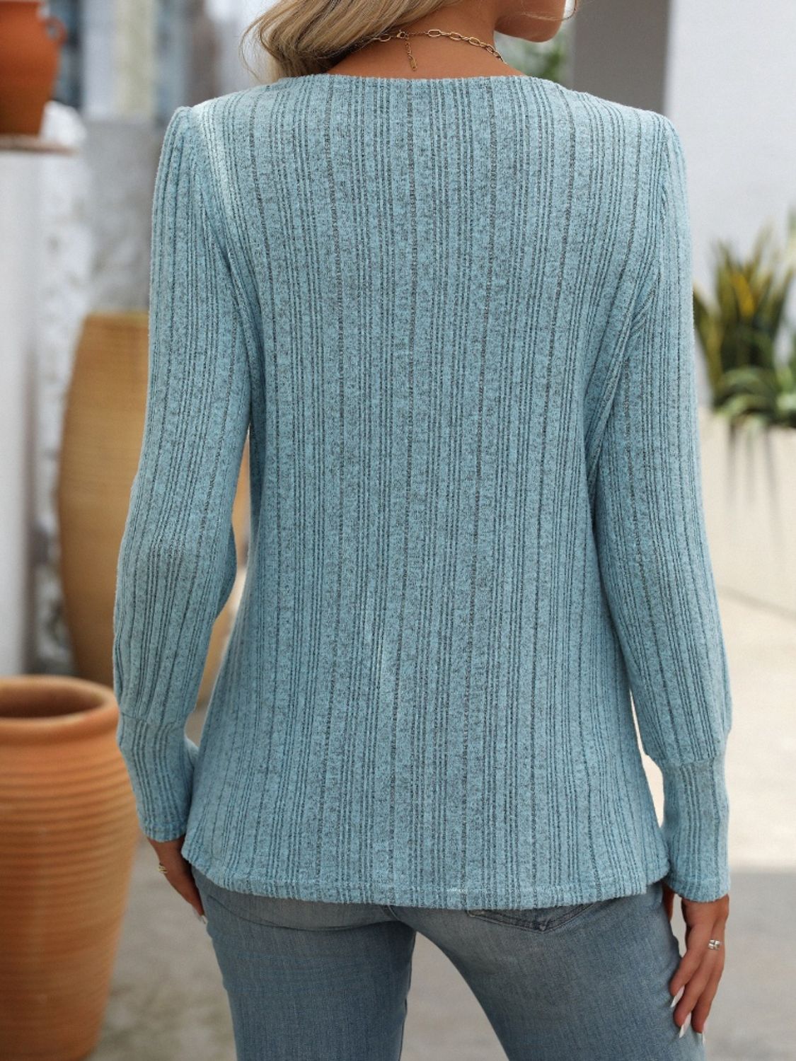 Decorative Button Striped Square Neck Long Sleeve T-Shirt - Charming Charlie