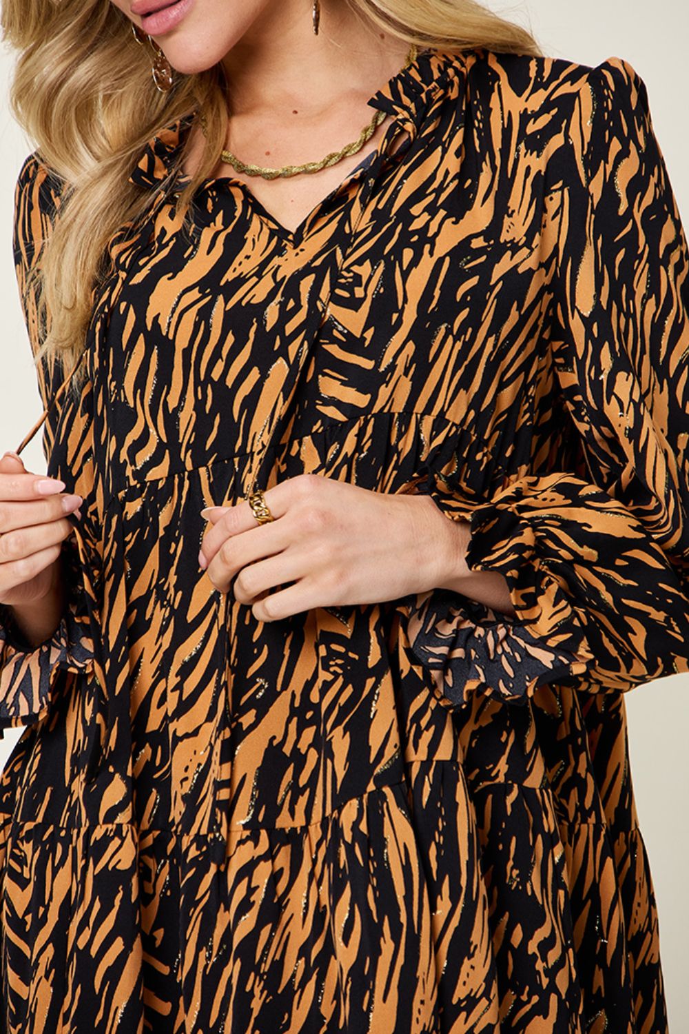 Double Take Full Size Printed Ruffle Hem Long Sleeve Dress - Charming Charlie