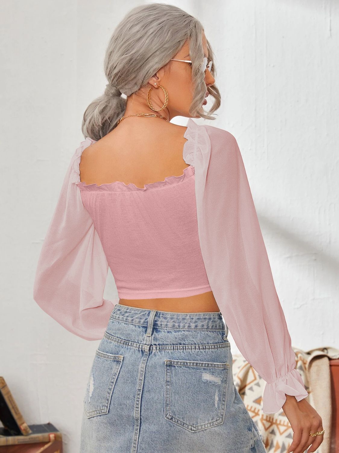 Mesh Sweetheart Neck Flounce Sleeve Top - Charming Charlie