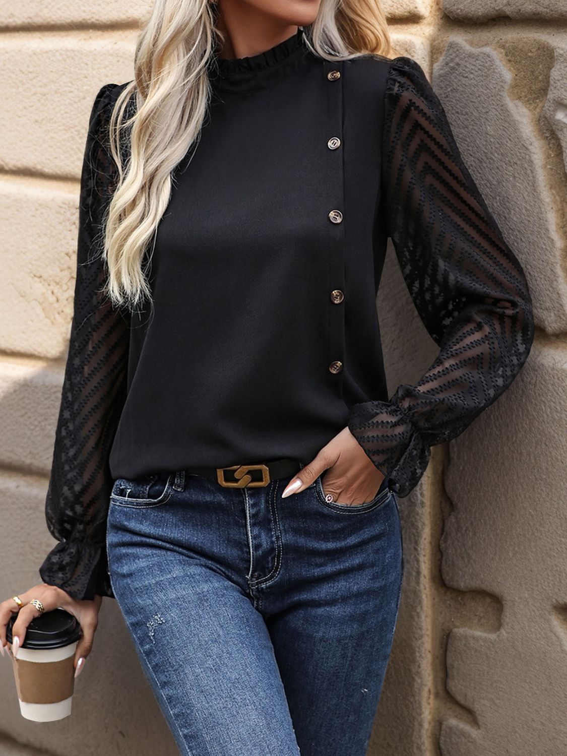 Mock Neck Flounce Sleeve Blouse - Charming Charlie