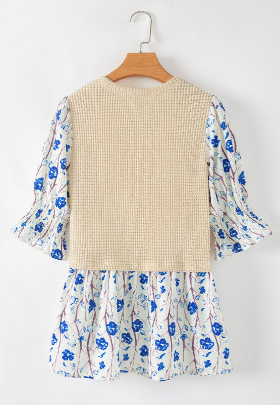 Waffle-Knit Printed Round Neck Flounce Sleeve Blouse - Charming Charlie