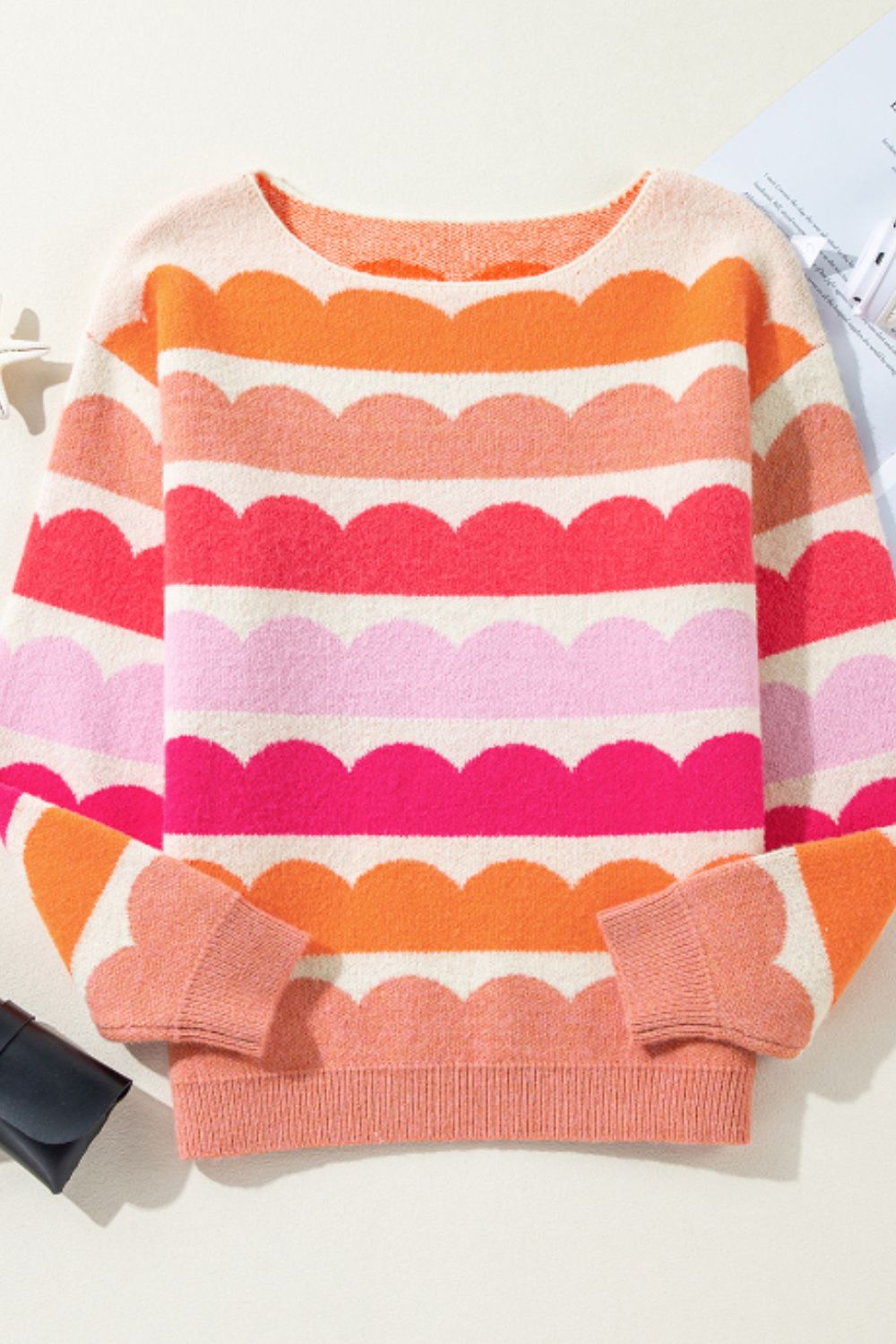 Contrast Boat Neck Long Sleeve Sweater - Charming Charlie