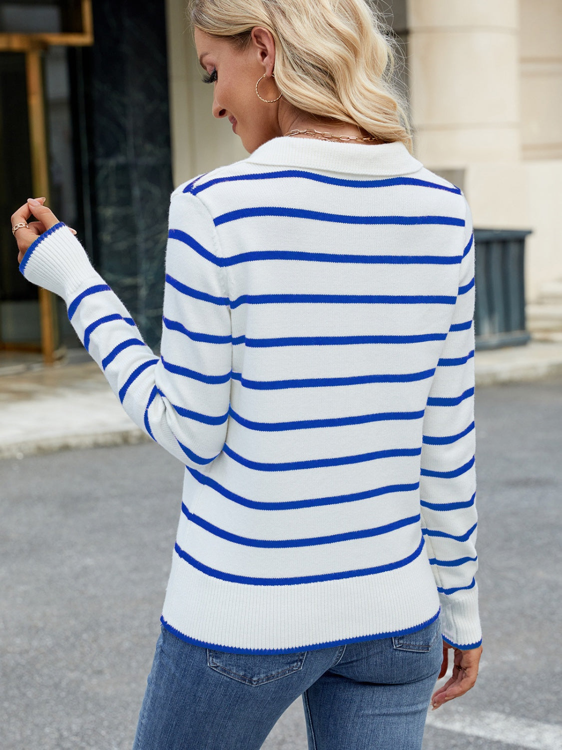 Striped Johnny Collar Long Sleeve Sweater - Charming Charlie