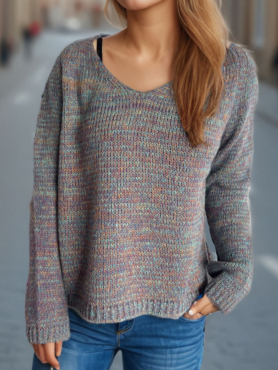 Heathered V-Neck Long Sleeve Sweater - Charming Charlie
