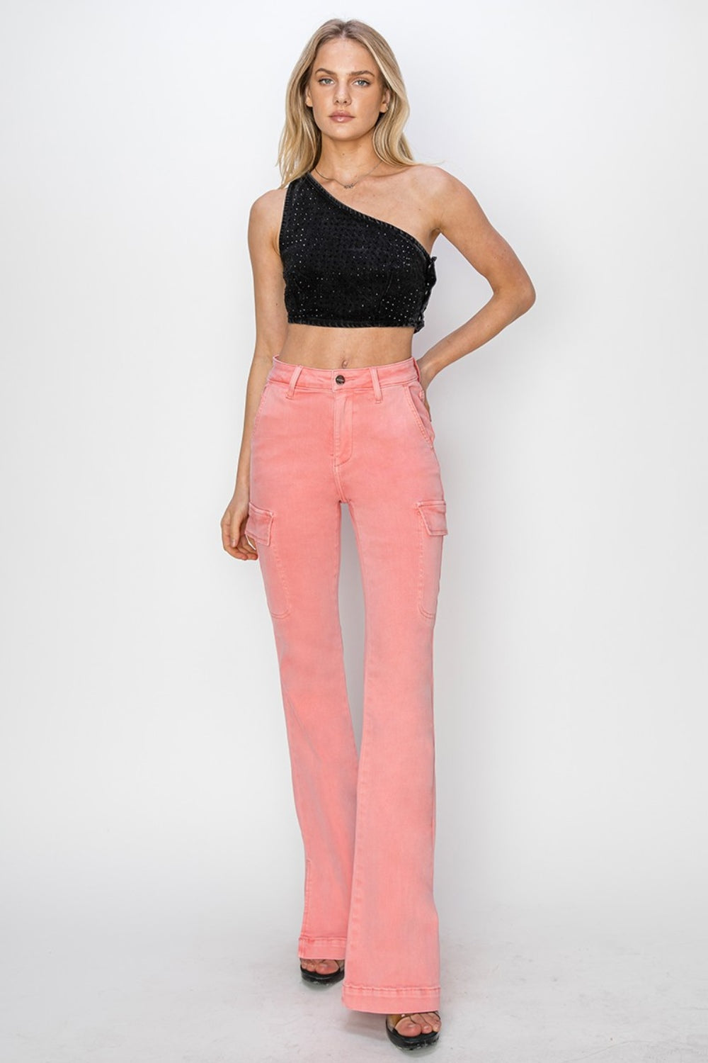 RISEN Full Size High Rise Side Slit Cargo Bootcut Jeans - Charming Charlie