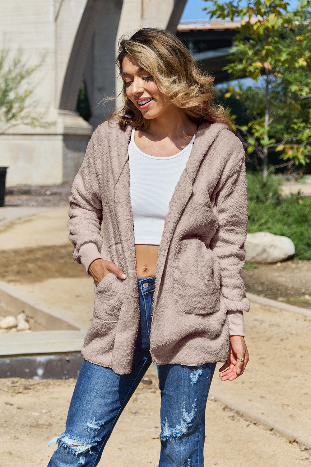 Full Size Teddy Hooded Jacket with Pockets - Charming Charlie