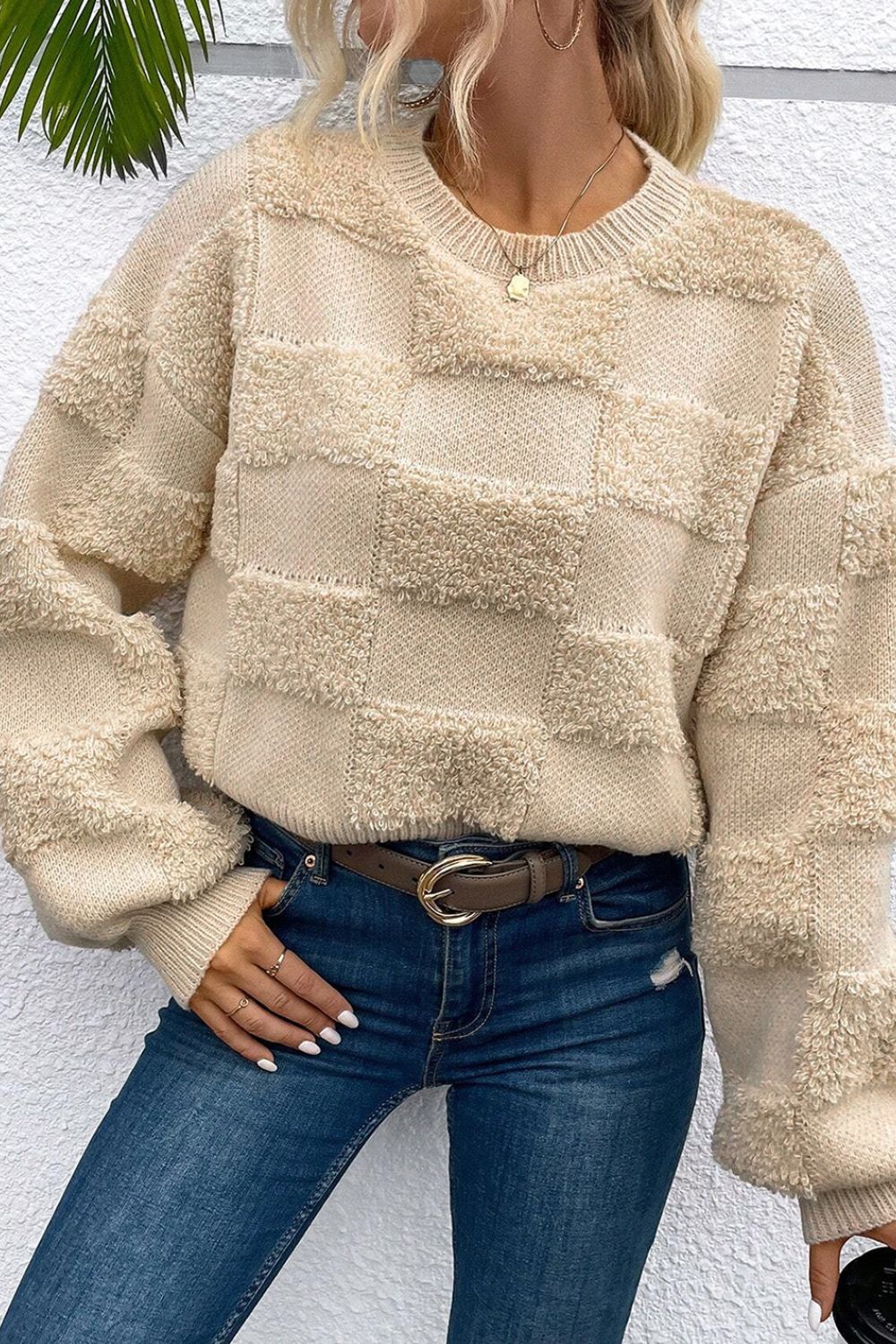 Checkered Round Neck Dropped Shoulder Sweater - Charming Charlie