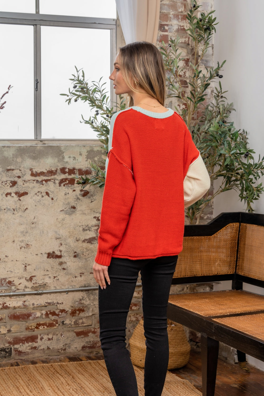 Sew In Love Full Size Color Block Drop Shoulder Sweater - Charming Charlie