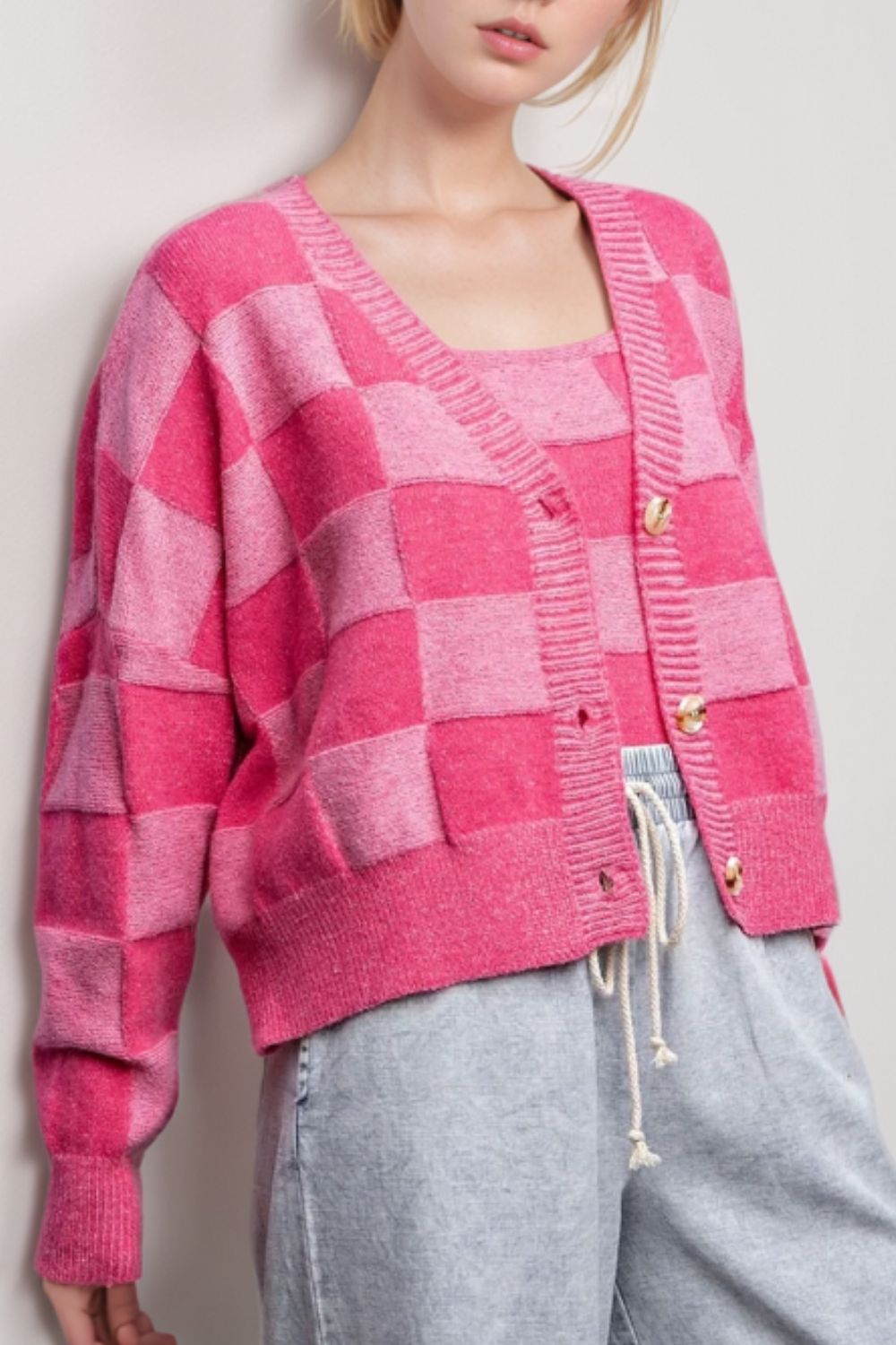 Checkered V-Neck Long Sleeve Cardigan - Charming Charlie