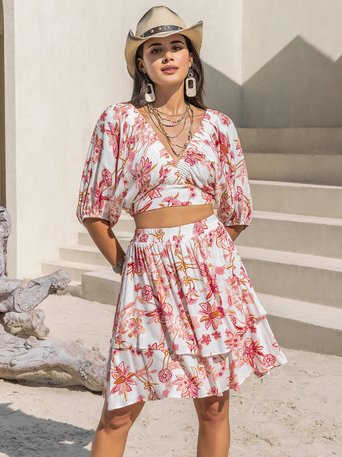 Printed Half Sleeve Top and Layered Skirt Set - Charming Charlie