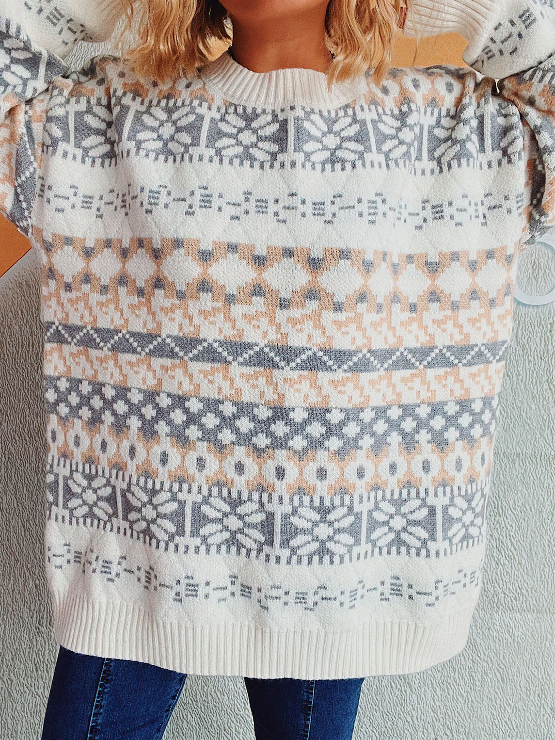 Geometric Round Neck Dropped Shoulder Sweater - Charming Charlie