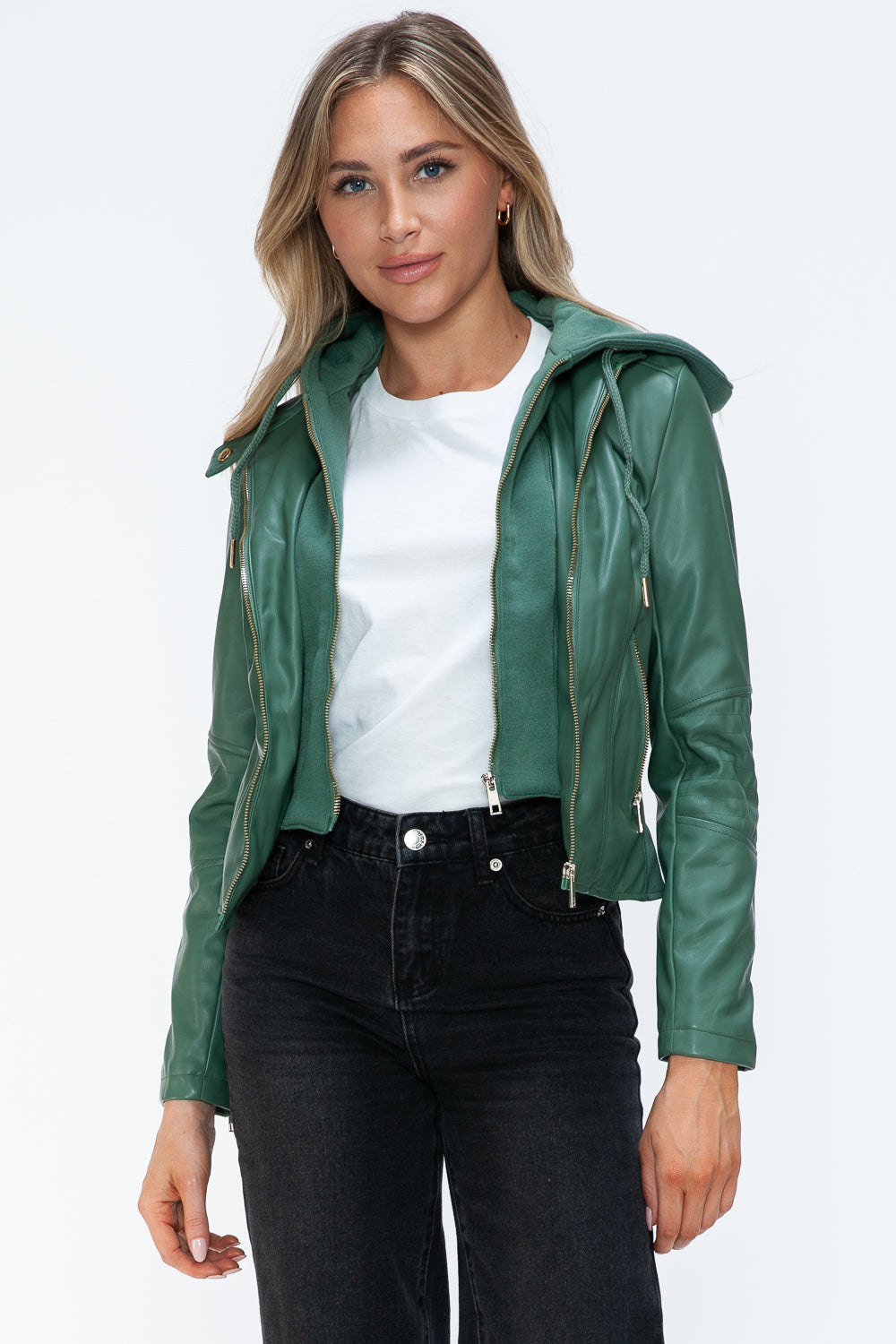 Snobbish Faux Leather Zip Up Drawstring Hooded Jacket - Charming Charlie