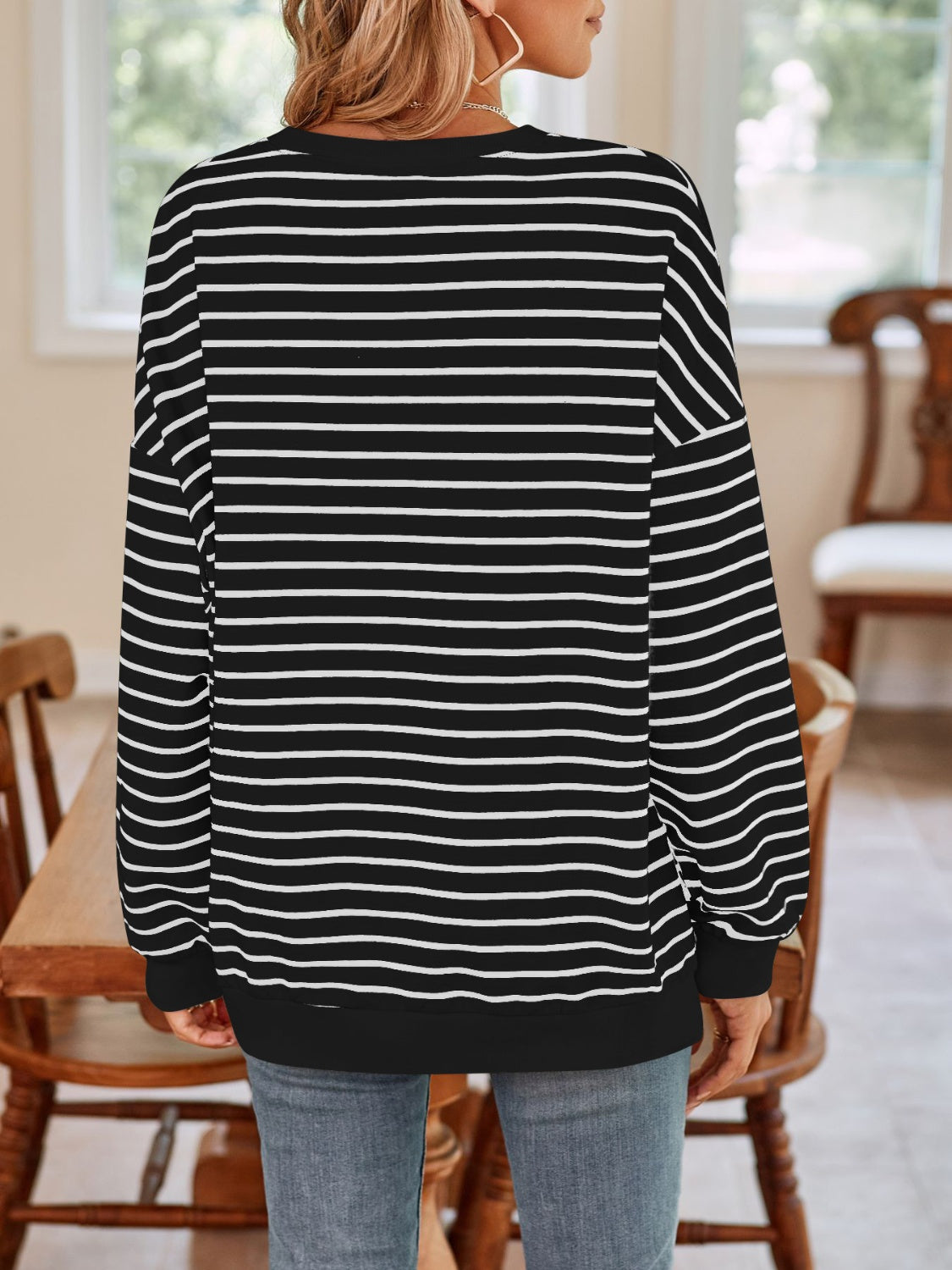 Striped Round Neck Long Sleeve Sweatshirt - Charming Charlie