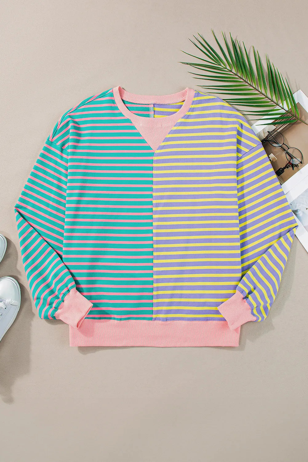 Contrast Stripes Round Neck Long Sleeve Sweatshirt - Charming Charlie