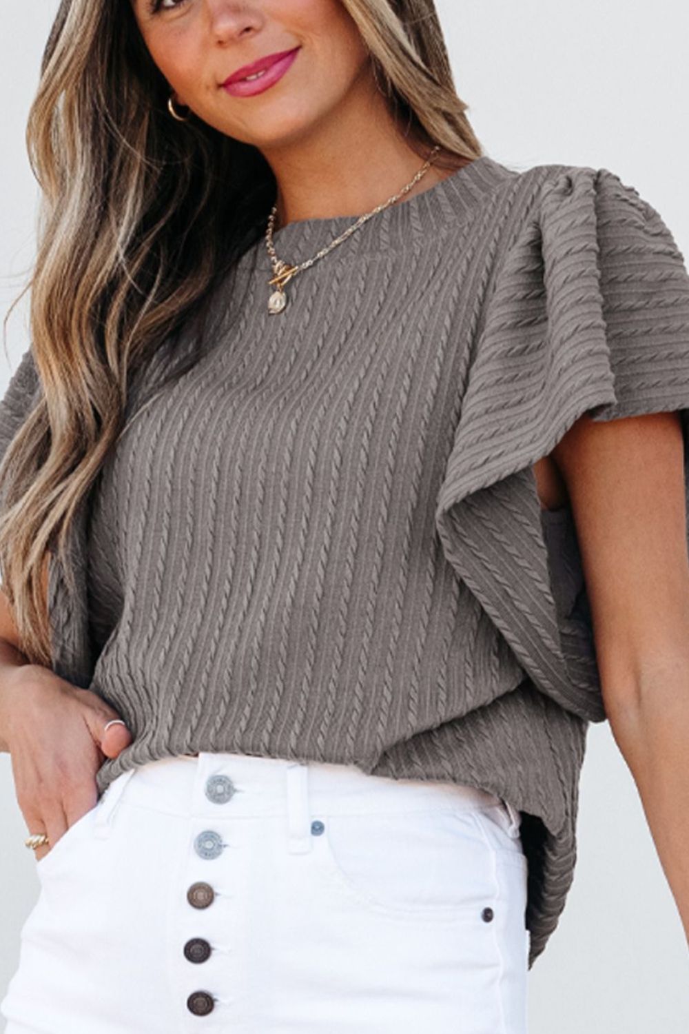 Textured Round Neck Flounce Sleeve Blouse - Charming Charlie