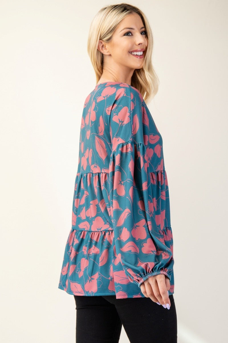 Celeste Full Size Tiered Floral V-Neck Long Sleeve Blouse - Charming Charlie