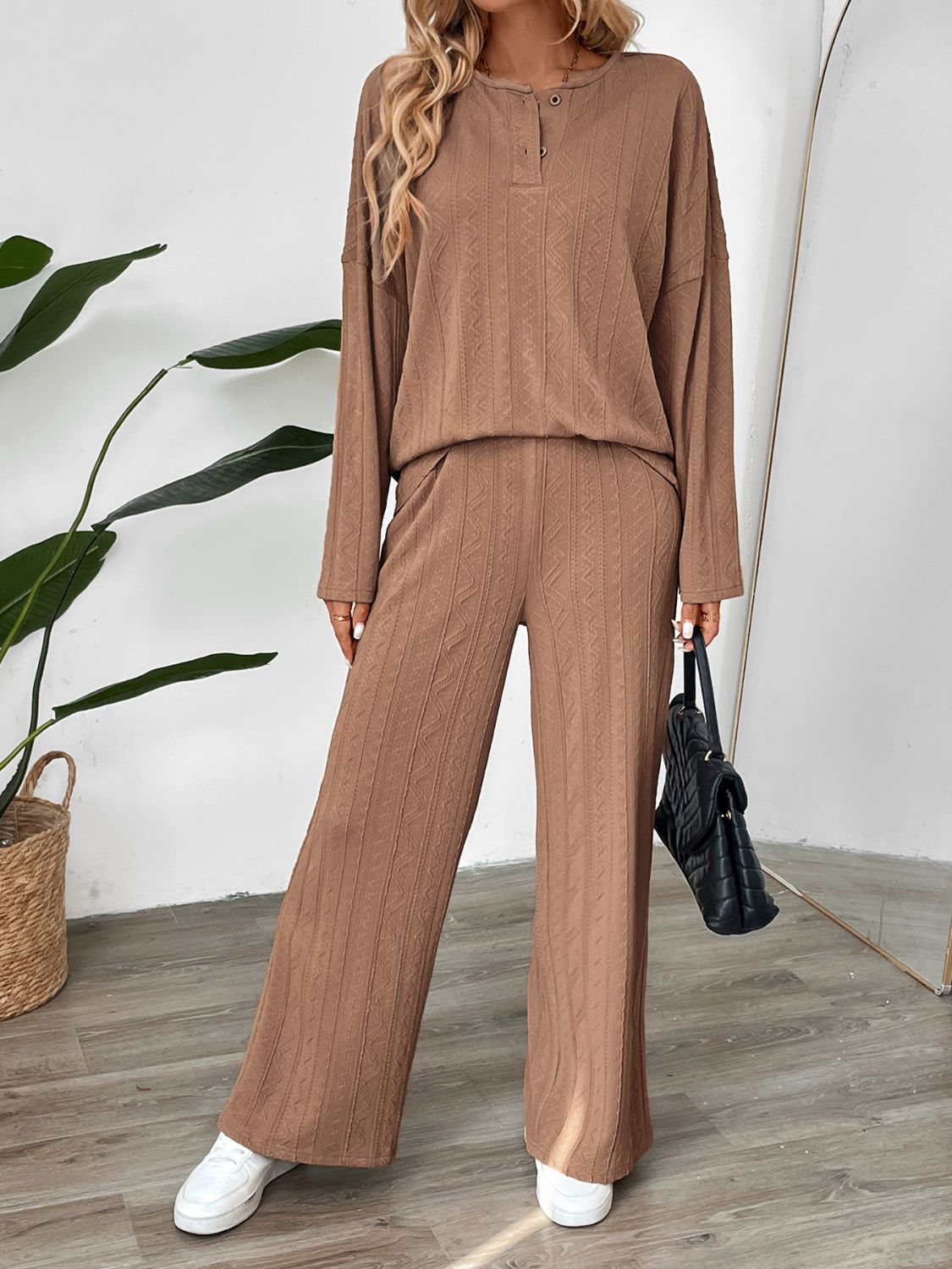 Perfee Quarter Button Long Sleeve Top and Pants Set - Charming Charlie