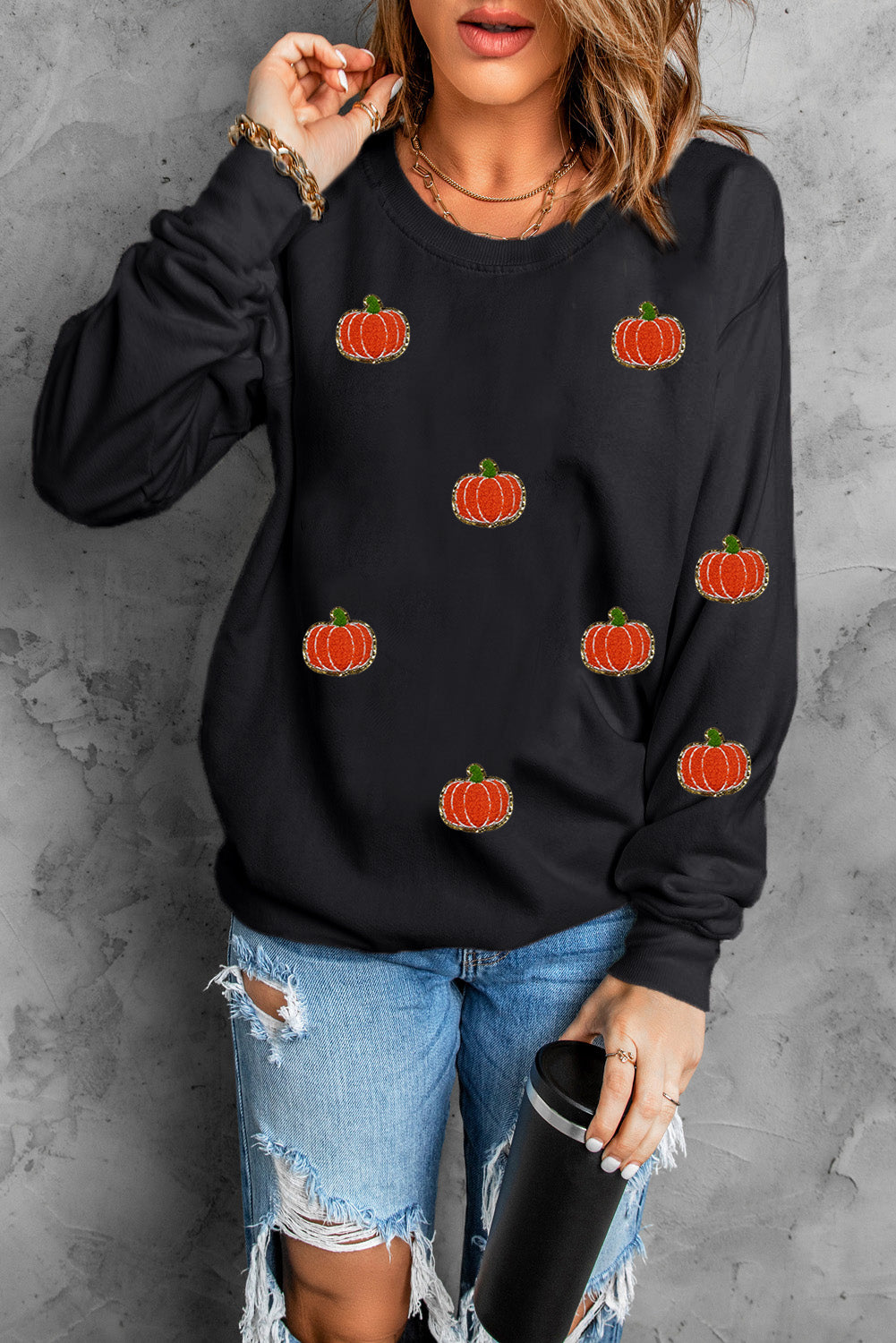 Pumpkin Round Neck Long Sleeve Sweatshirt - Charming Charlie