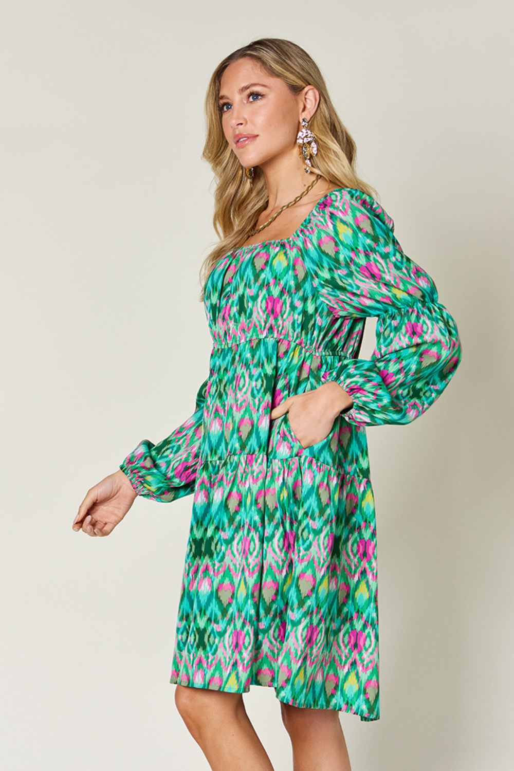 Double Take Full Size Printed Long Sleeve Dress - Charming Charlie