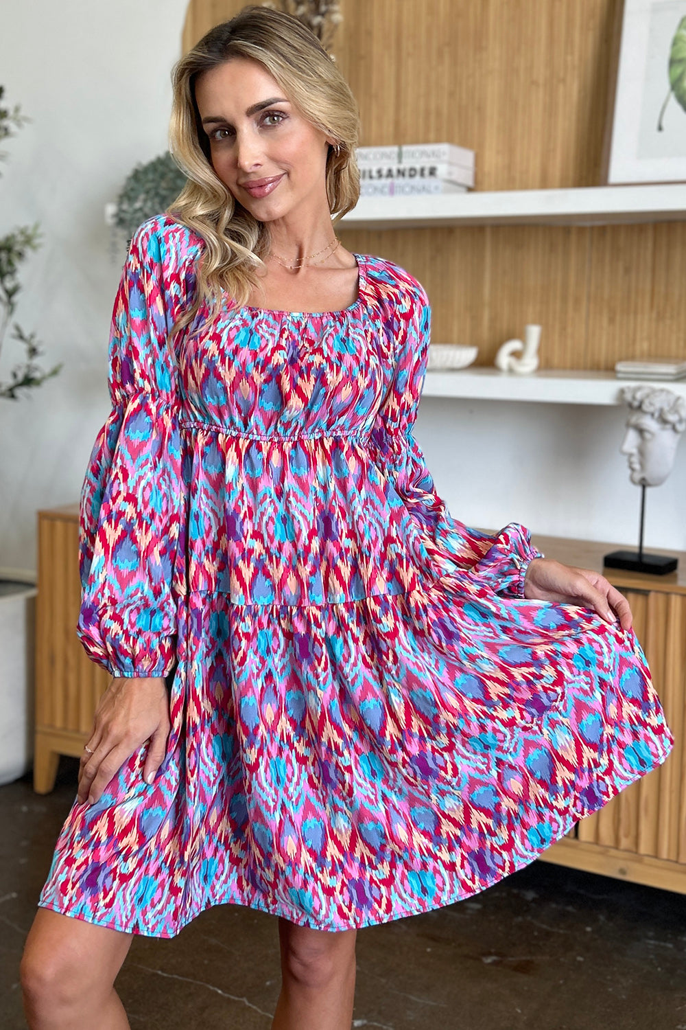 Double Take Full Size Printed Long Sleeve Dress - Charming Charlie