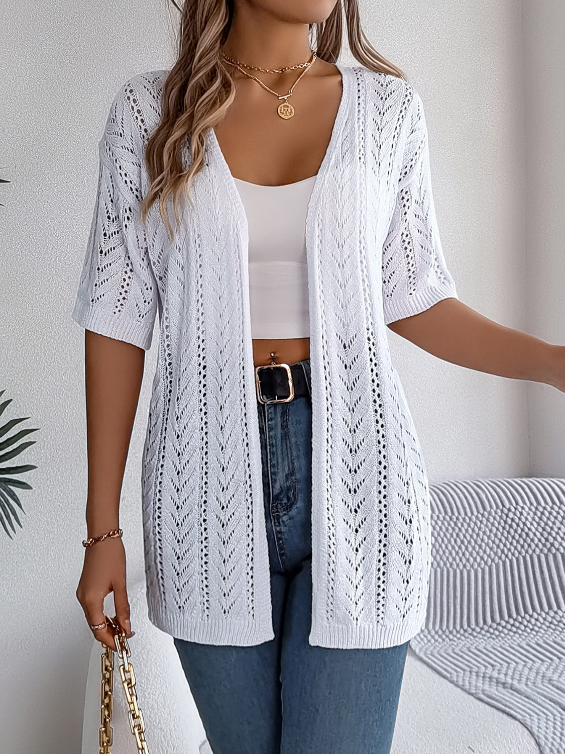 Openwork Open Front Half Sleeve Cardigan - Charming Charlie