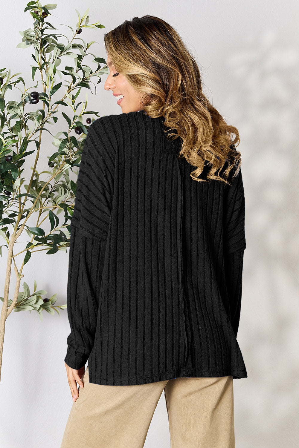 Basic Bae Full Size Ribbed Round Neck Slit Knit Top - Charming Charlie