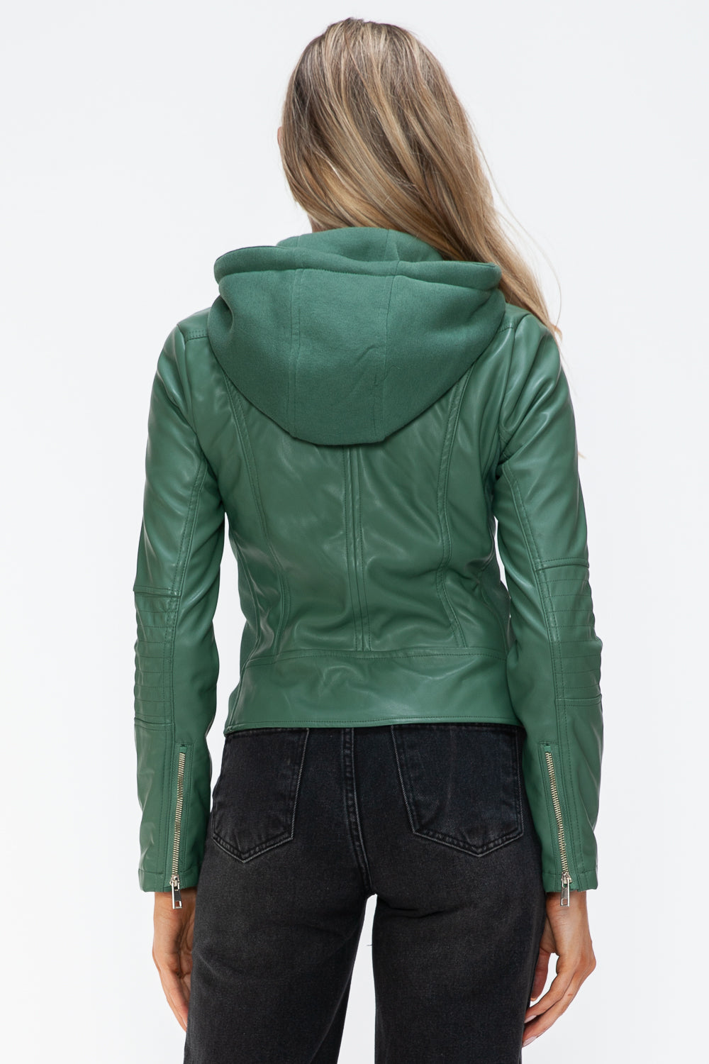 Snobbish Faux Leather Zip Up Drawstring Hooded Jacket - Charming Charlie