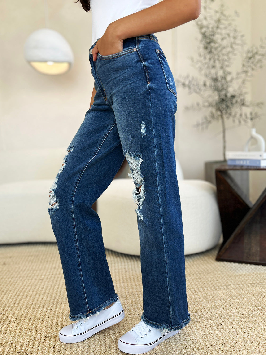 Judy Blue Full Size Mid Rise Distressed Raw Hem Jeans - Charming Charlie