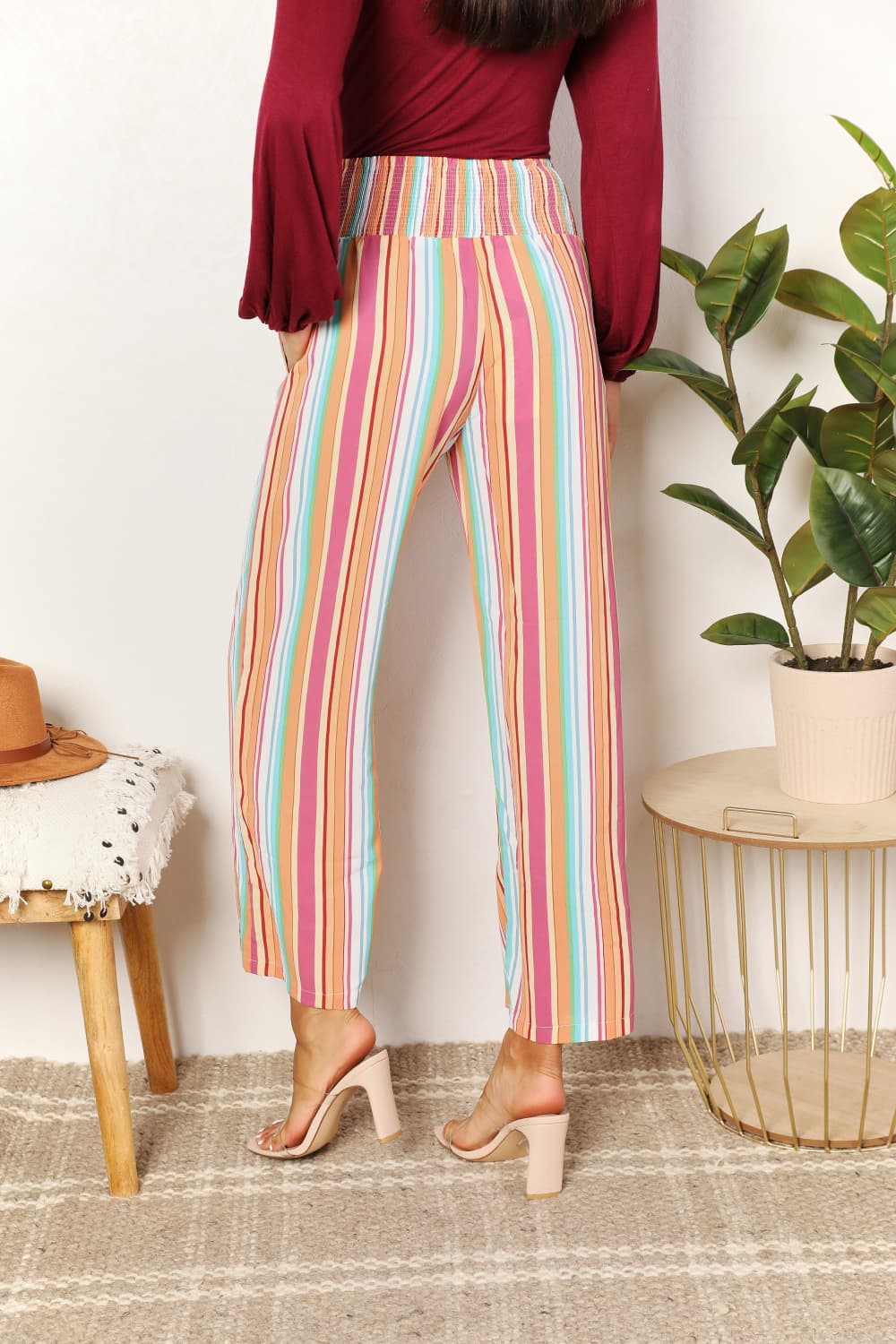 Double Take Striped Smocked Waist Pants with Pockets - Charming Charlie