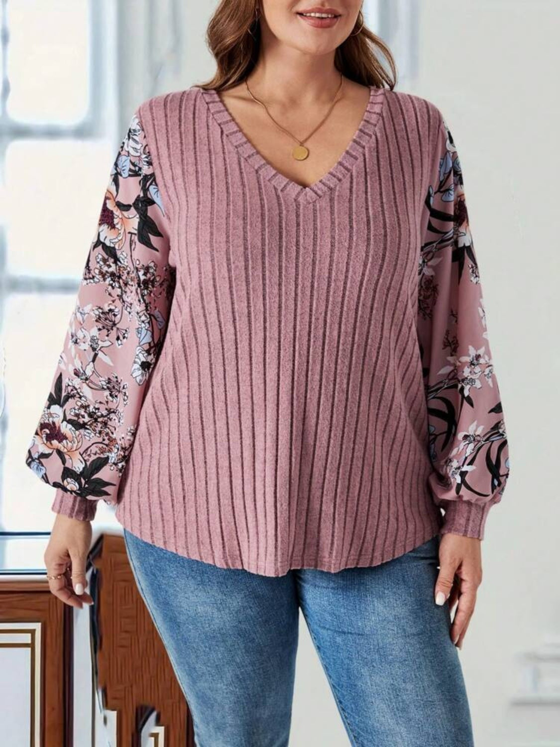 Plus Size Printed V-Neck Long Sleeve T-Shirt - Charming Charlie