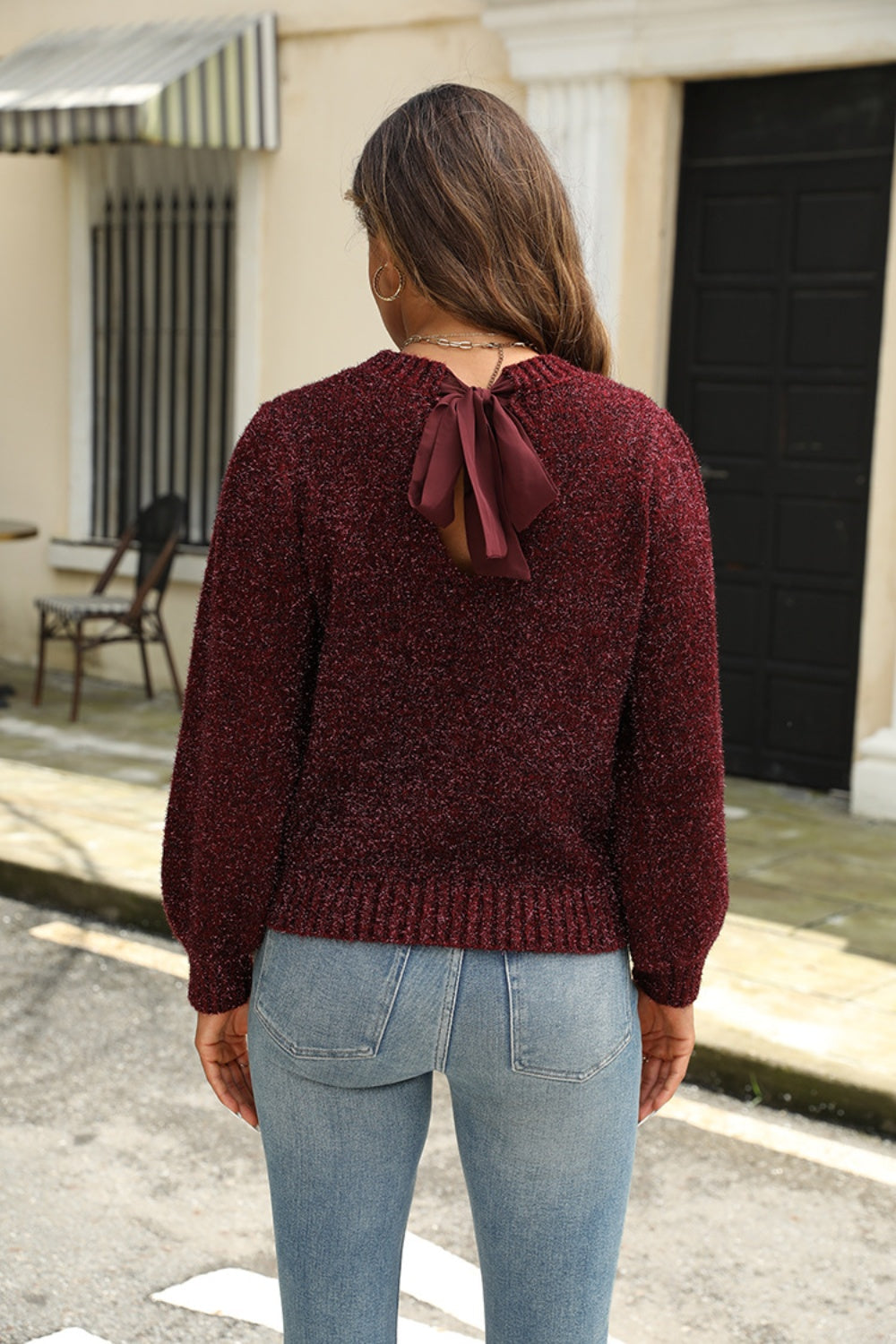Tied Heathered Round Neck Long Sleeve Sweater - Charming Charlie