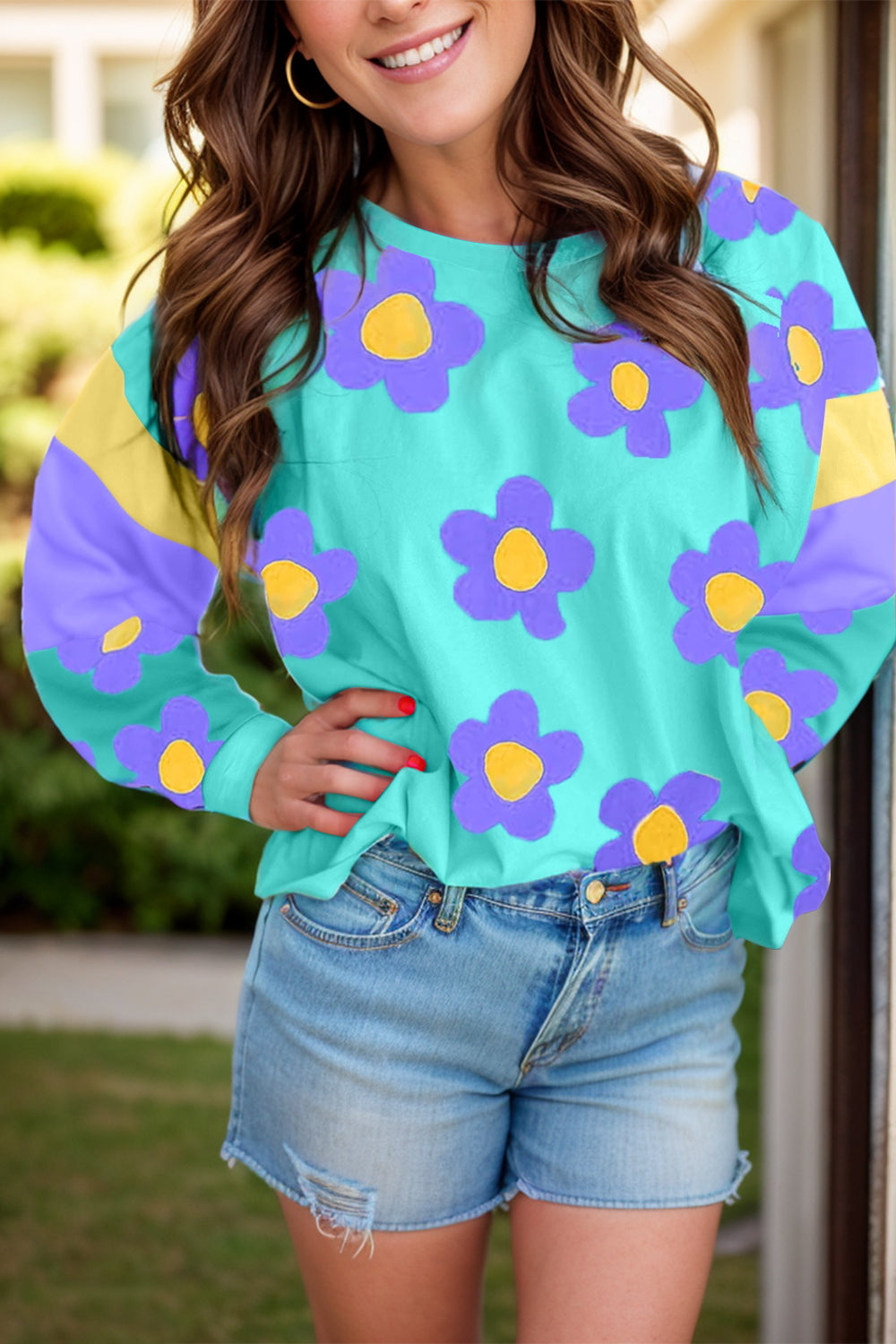 Contrast Flower Round Neck Long Sleeve Blouse - Charming Charlie