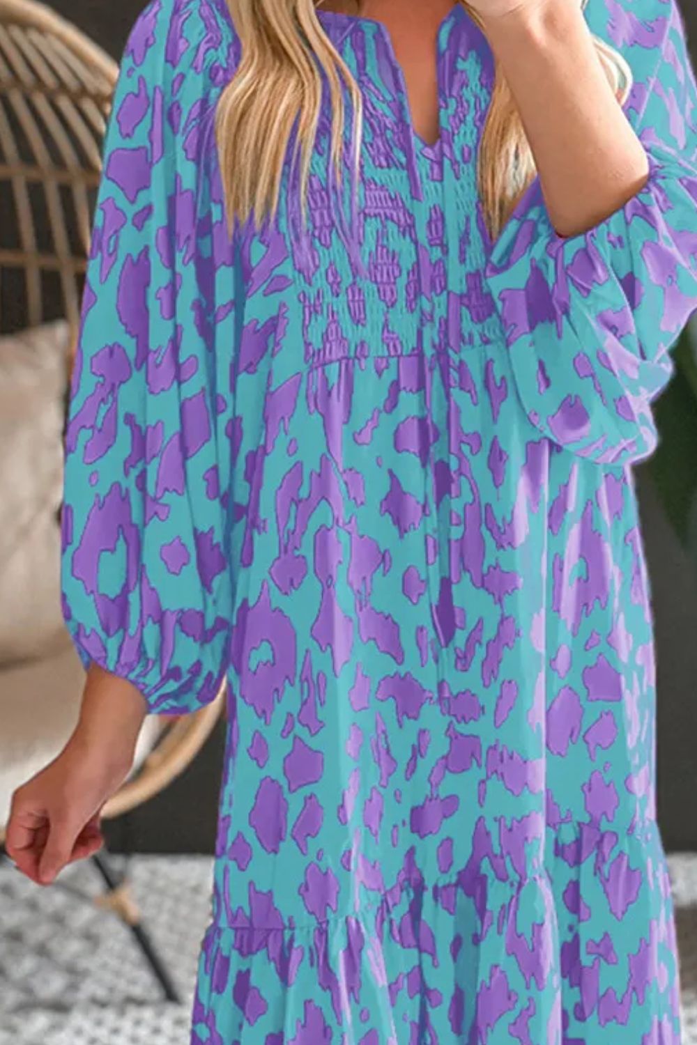 Smocked Printed Tie Neck Long Sleeve Dress - Charming Charlie