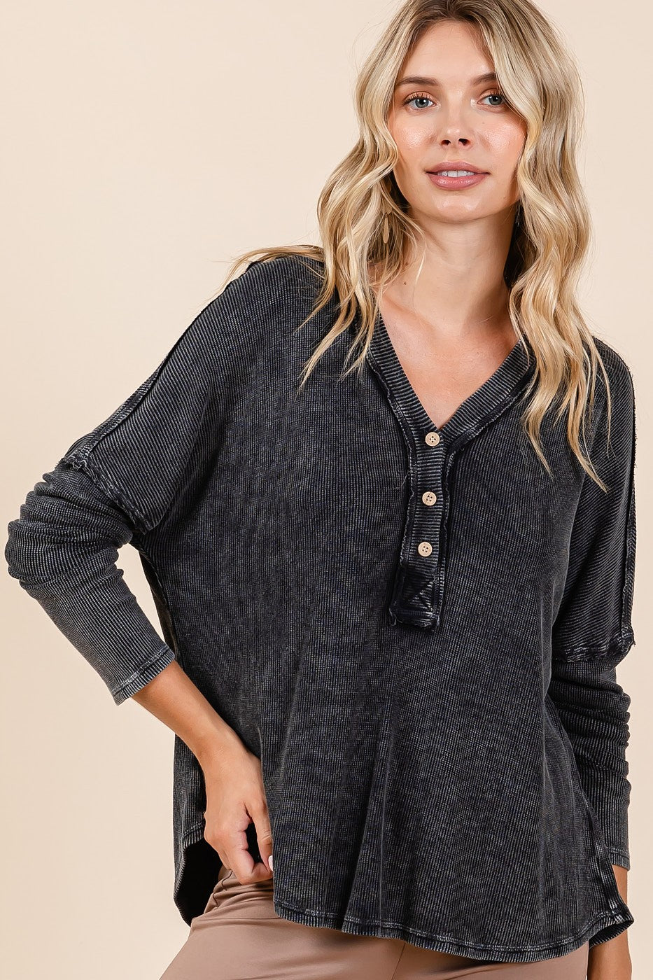 Mittoshop Washed V-Neck Long Sleeve Blouse - Charming Charlie