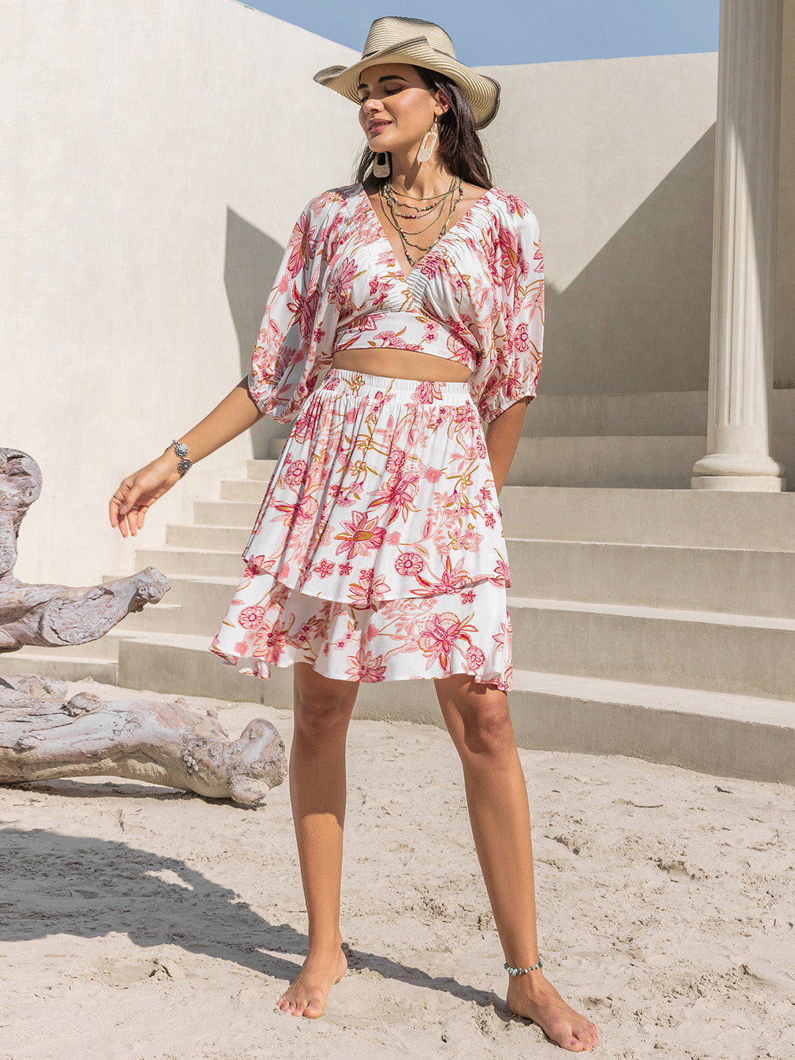 Printed Half Sleeve Top and Layered Skirt Set - Charming Charlie