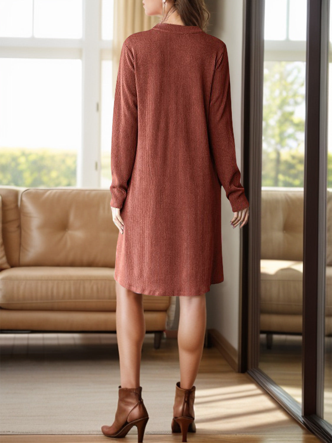Notched Long Sleeve Mini Dress with Pockets - Charming Charlie