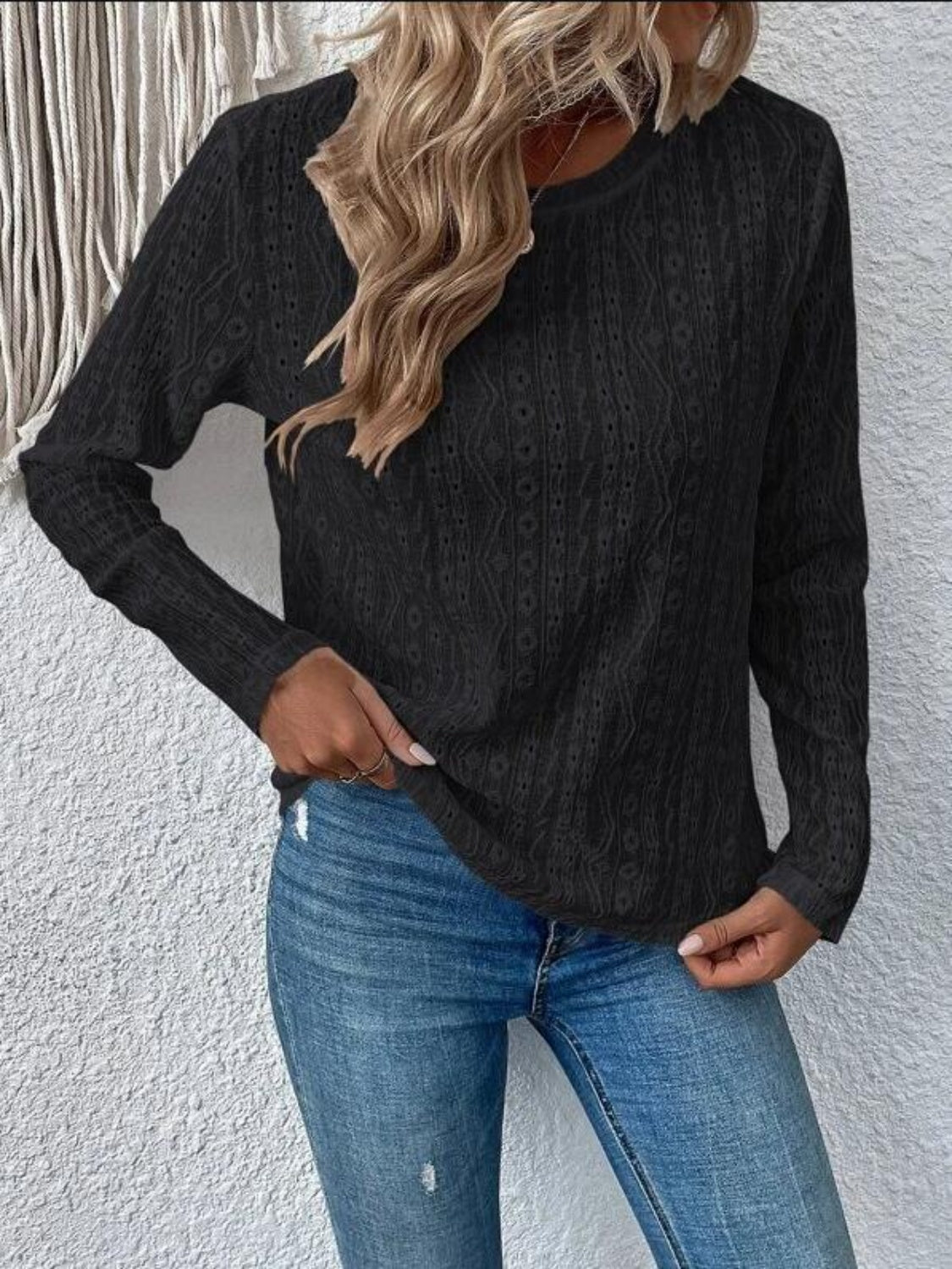 Eyelet Round Neck Long Sleeve Blouse - Charming Charlie