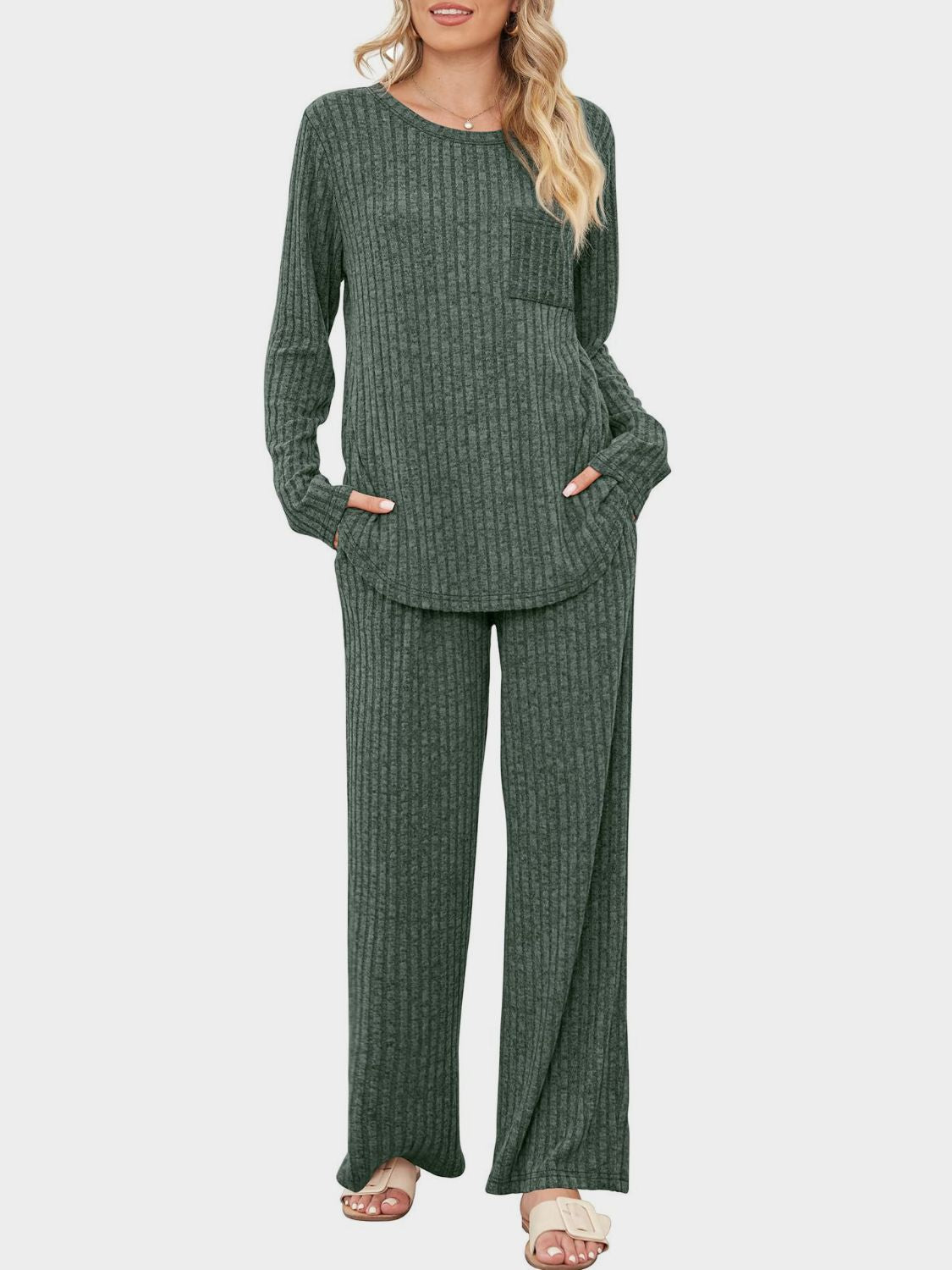 Round Neck Long Sleeve Top and Pants Set - Charming Charlie