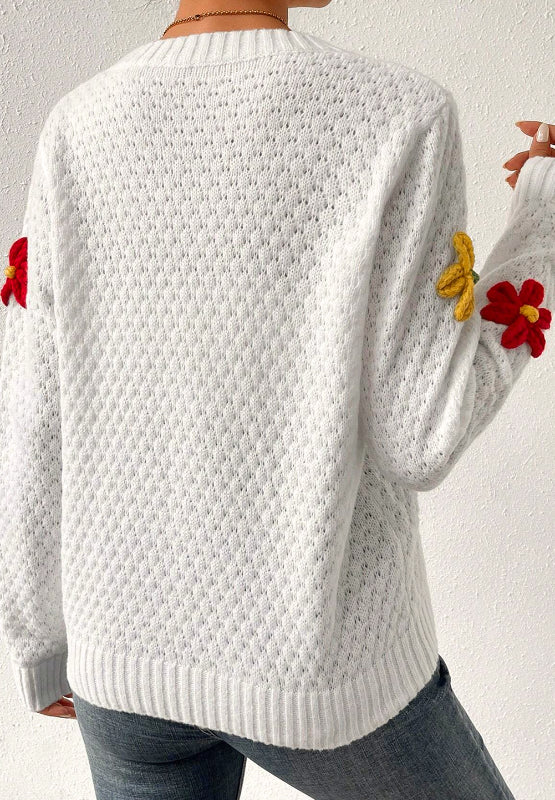Crochet Flower Round Neck Long Sleeve Sweater - Charming Charlie