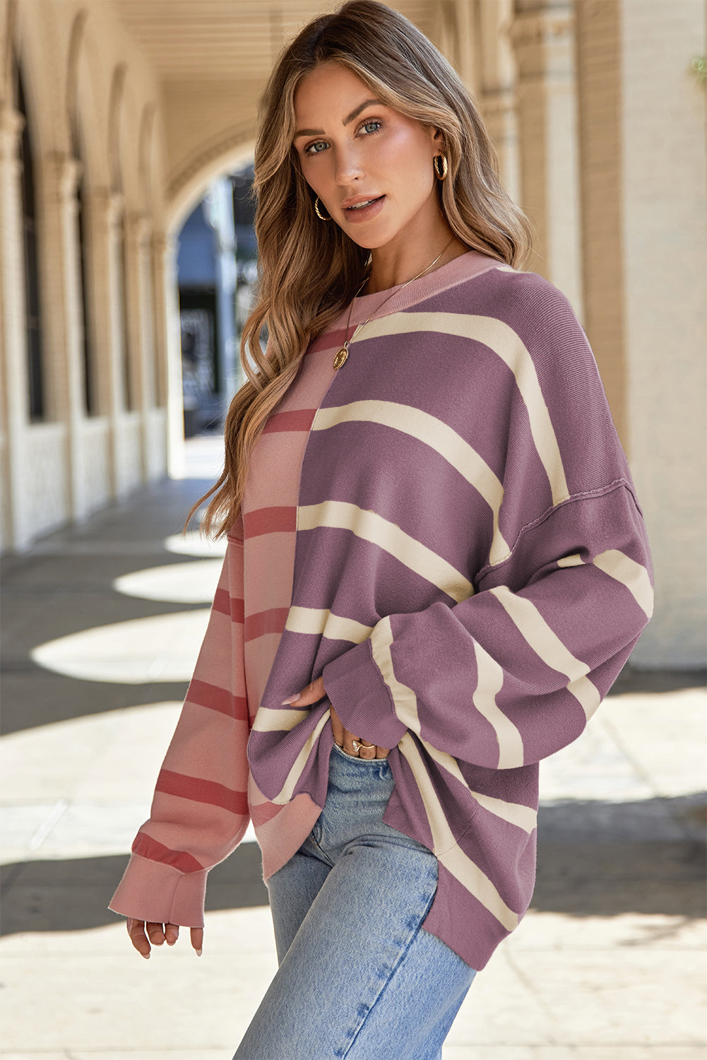 Striped Round Neck Long Sleeve Knit Top - Charming Charlie
