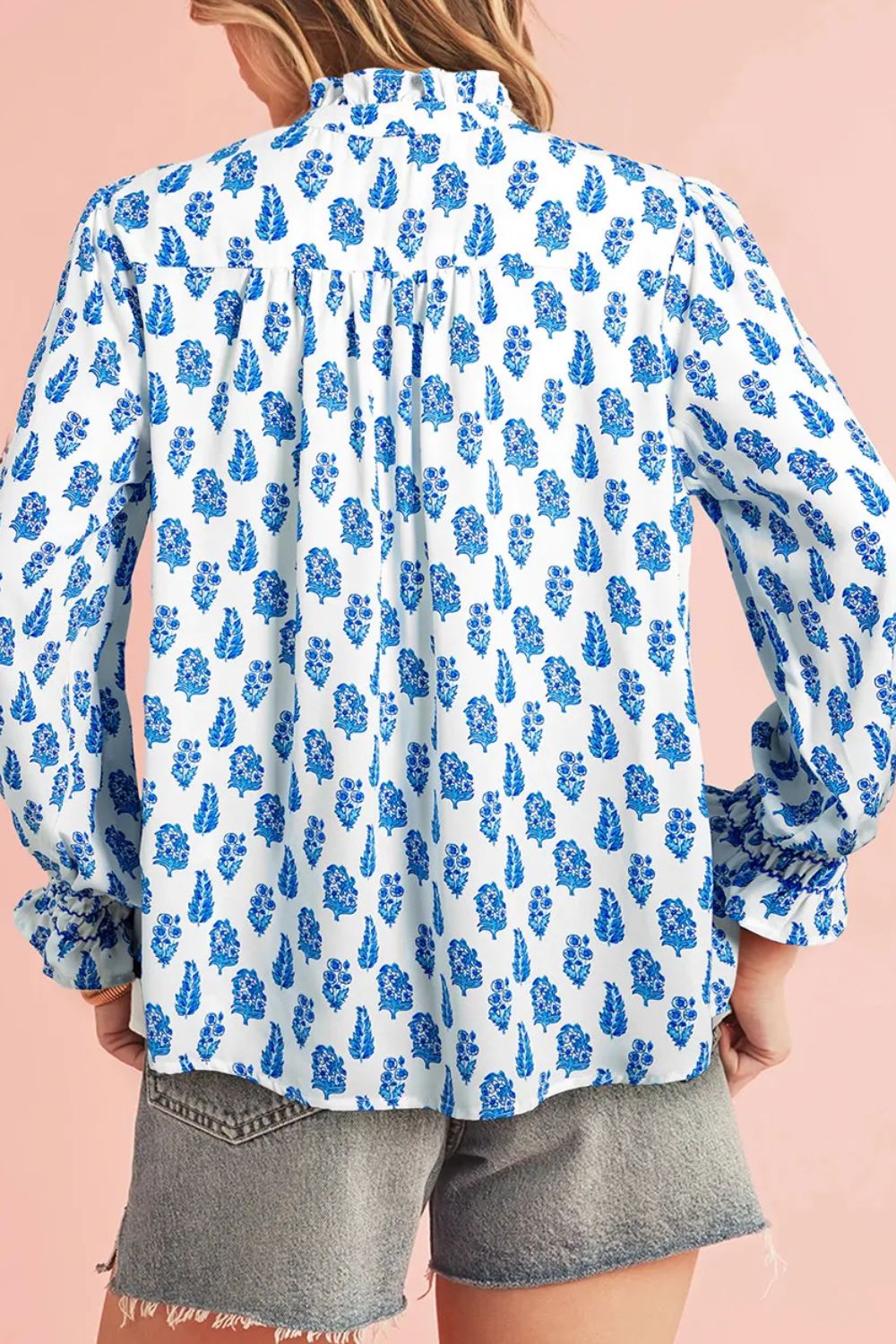 Frill Printed Button Up Long Sleeve Shirt - Charming Charlie