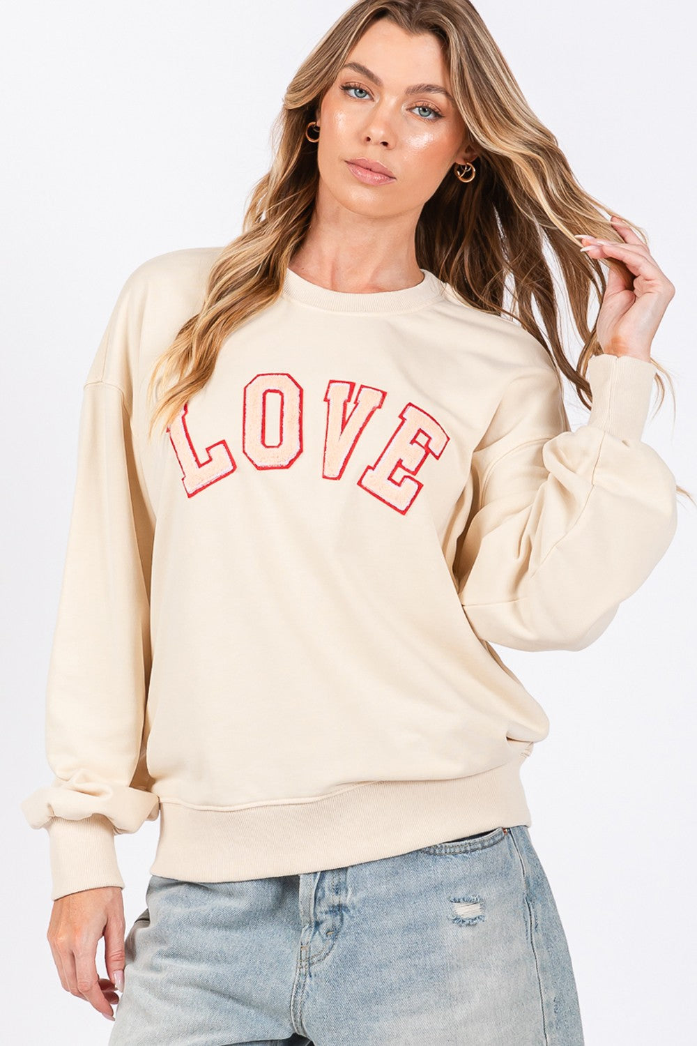 SAGE + FIG LOVE Path Applique Drop Shoulder Sweatshirt - Charming Charlie