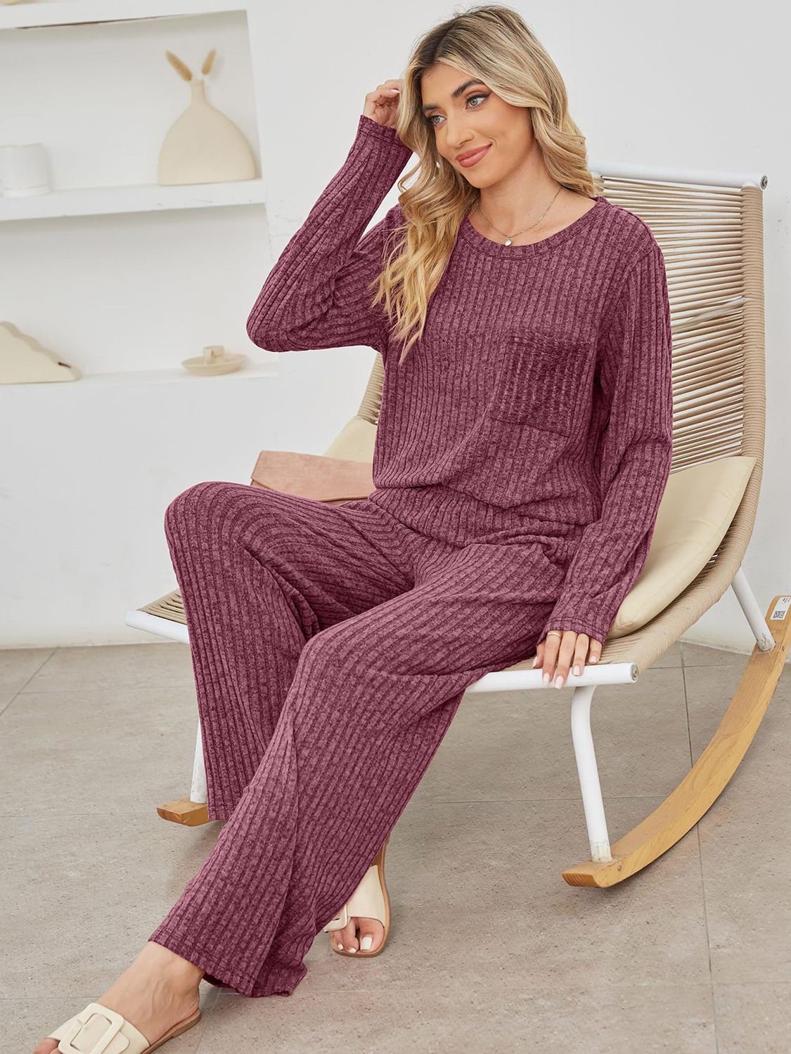 Round Neck Long Sleeve Top and Pants Set - Charming Charlie