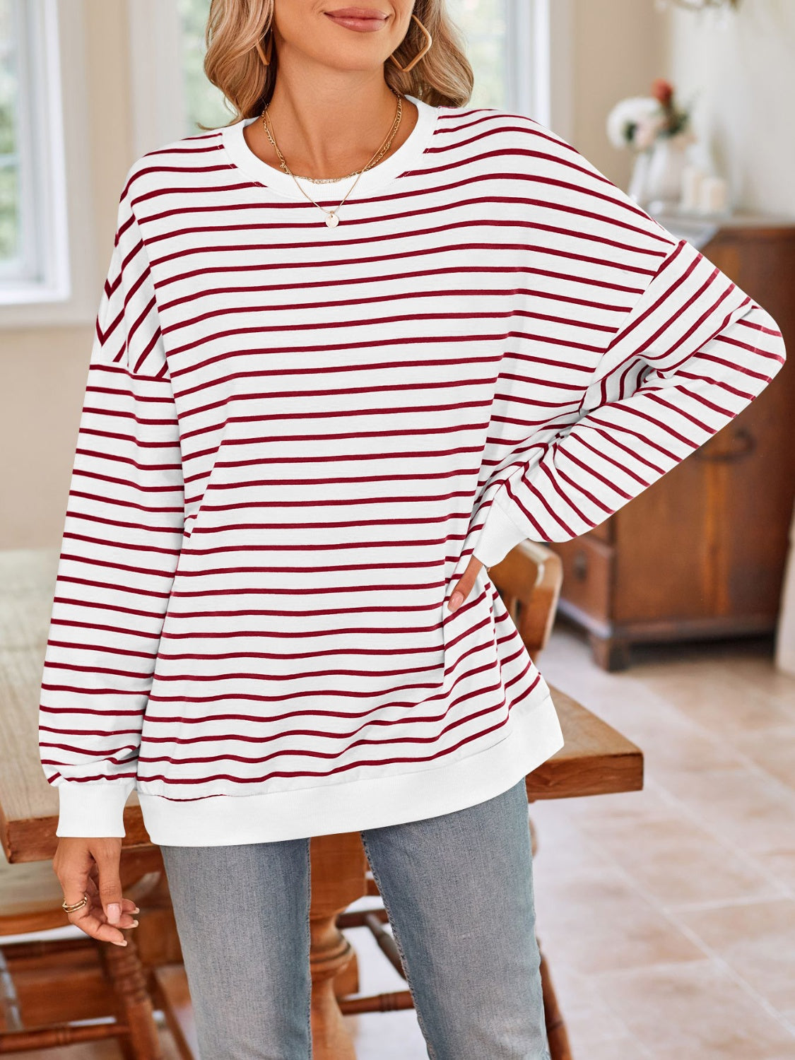 Striped Round Neck Long Sleeve Sweatshirt - Charming Charlie