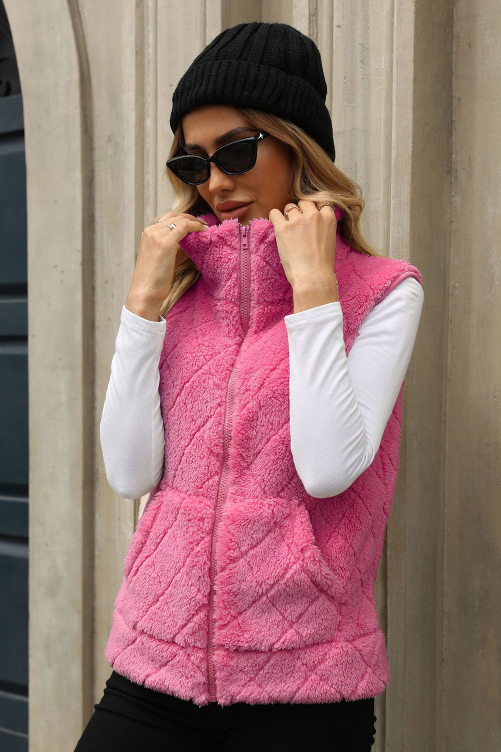 Fuzzy Plaid Texture Zip Up Vest Coat - Charming Charlie