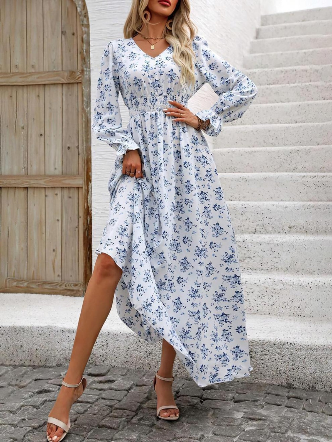 Smocked Printed V-Neck Flounce Sleeve Dress - Charming Charlie
